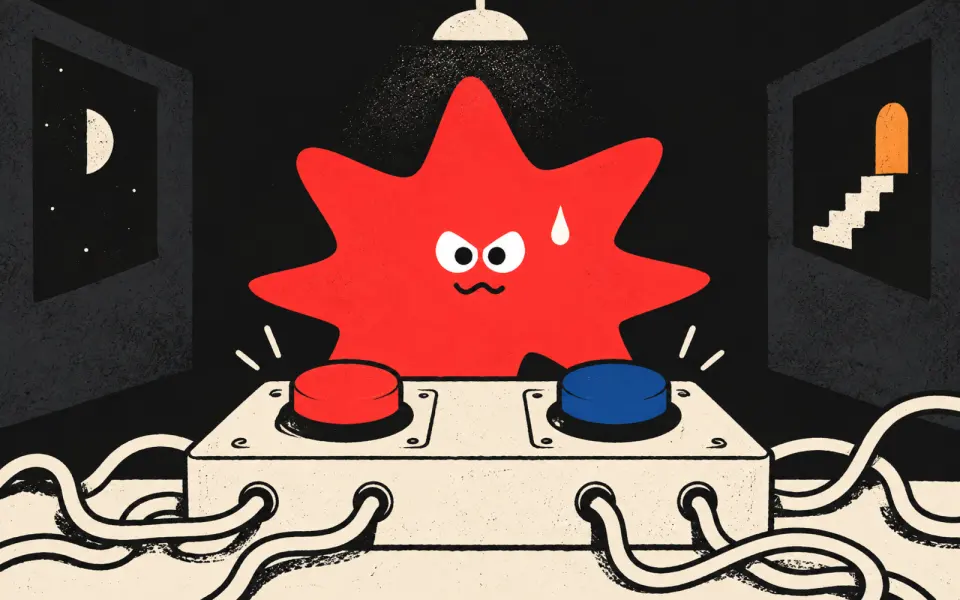 The red mascot choosing between two buttons