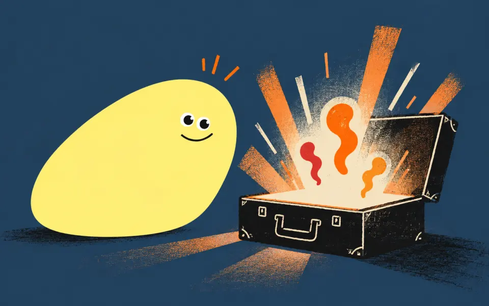 The yellow mascot opens a suitcase bursting with light
